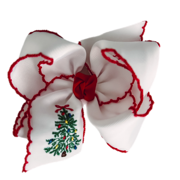 Embroidered Christmas Tree on white with red crochet edge