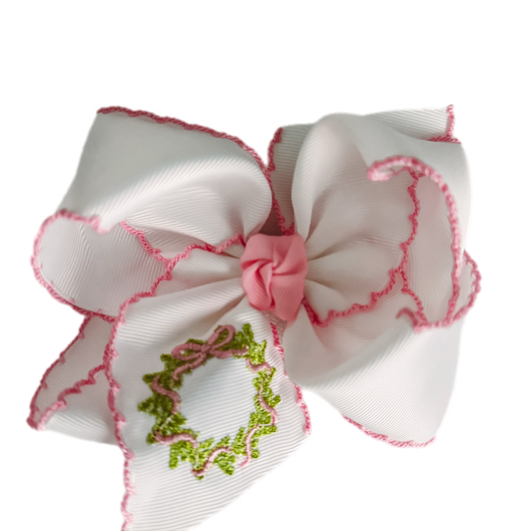 Embroidered Christmas Wreath on white with pink crochet edge