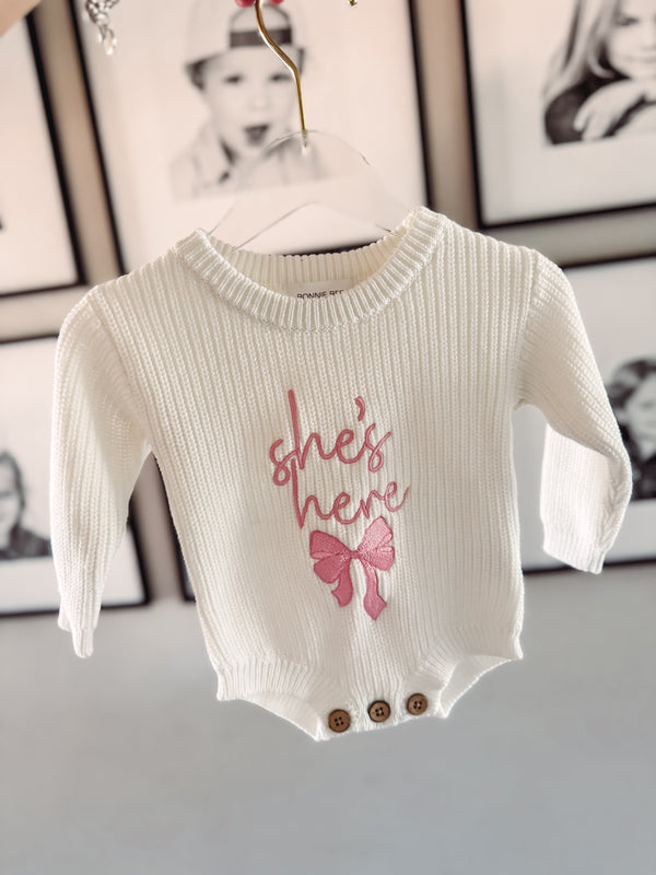 She's Here Long Sleeve Romper (0-3 mos)