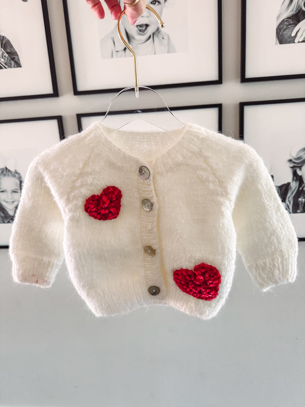 Chenille Hearts Handknit Cardigan (3-6 mos)