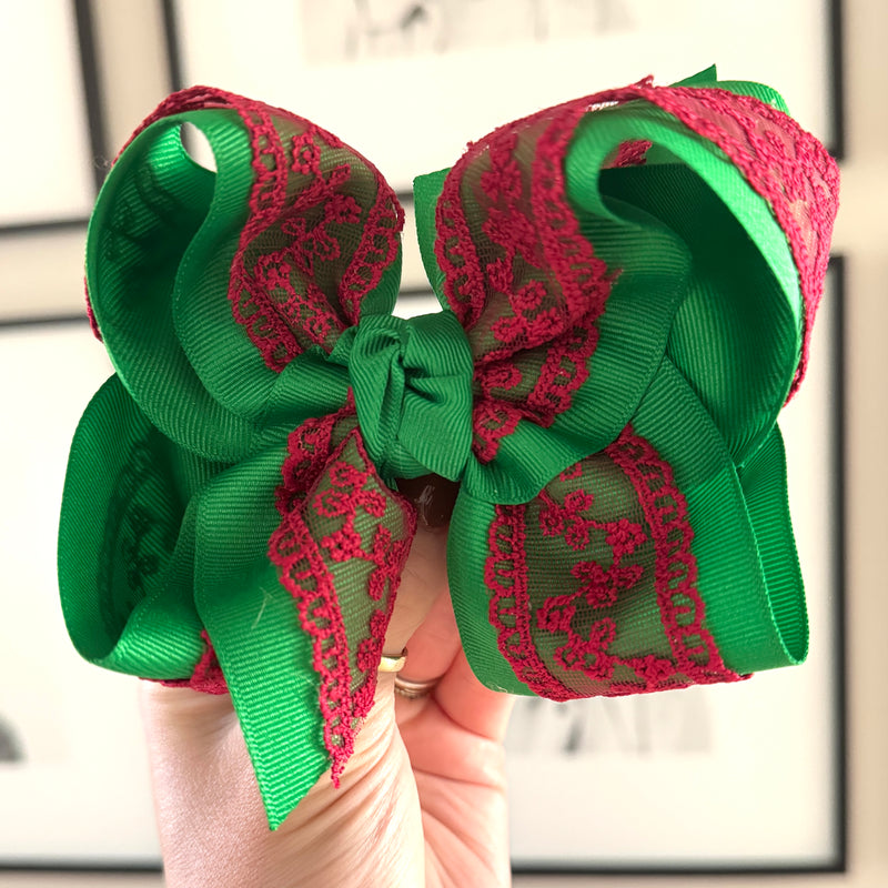 PREORDER FOR MID NOVEMBER Green with Red Lace Layered Bow