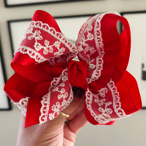 PREORDER FOR MID NOVEMBER Red with White Lace Layered Bow