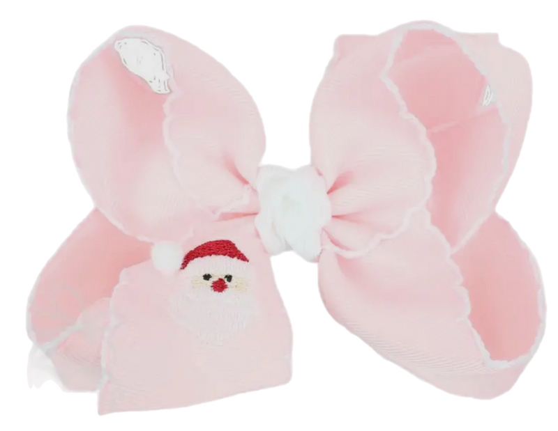 Pink on Pink Santa Embroidered Grosgrain Bow