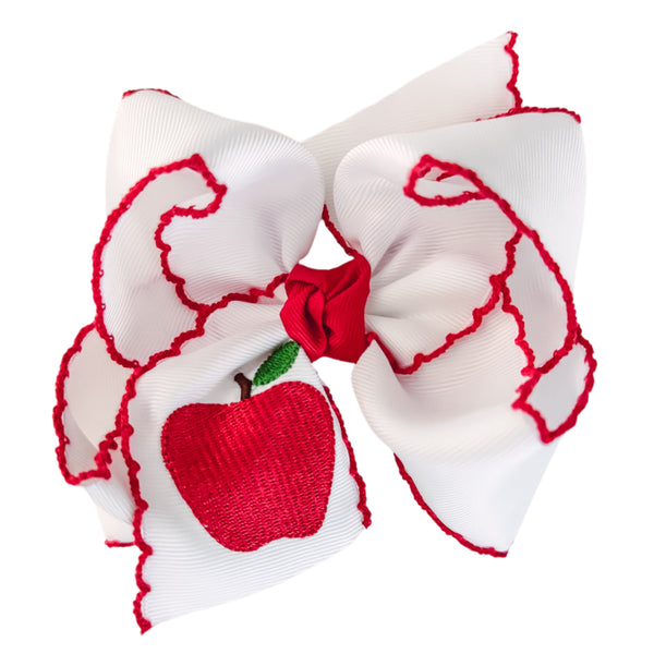Embroidered Red Apple Grosgrain Bow