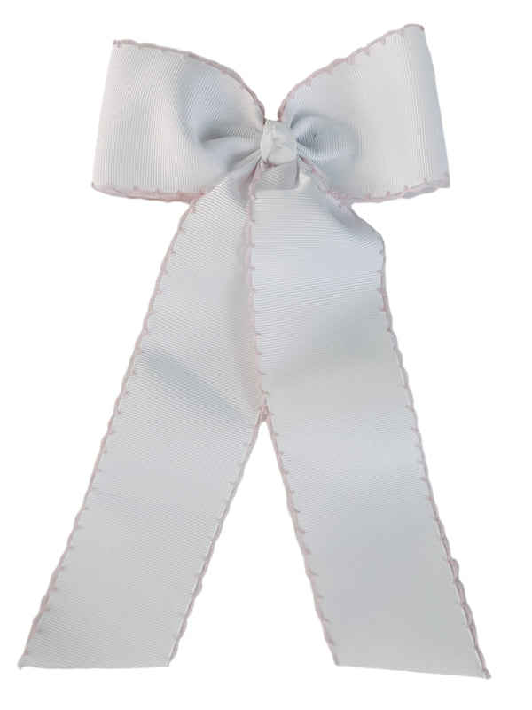 White Schoolgirl Grosgrain Bow with pink crocheted edge
