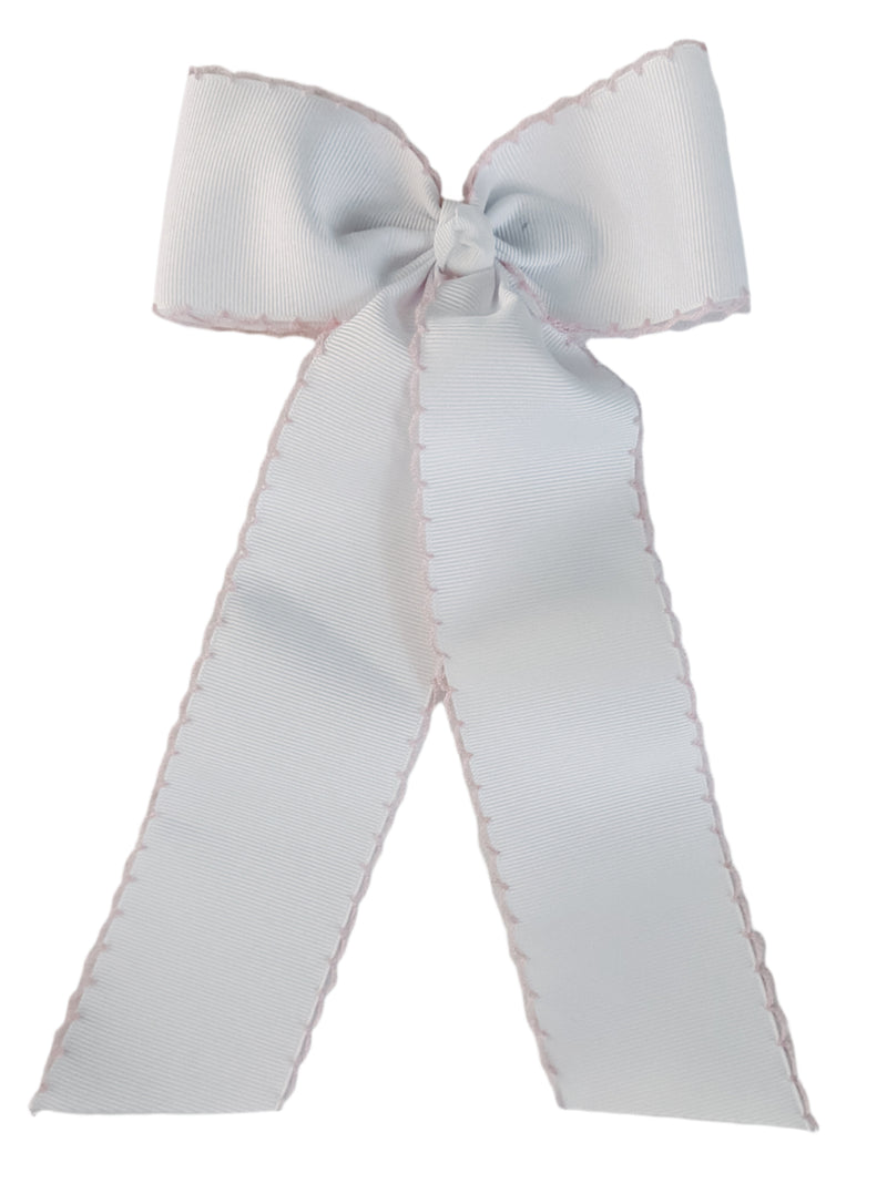 White Schoolgirl Grosgrain Bow with pink crocheted edge