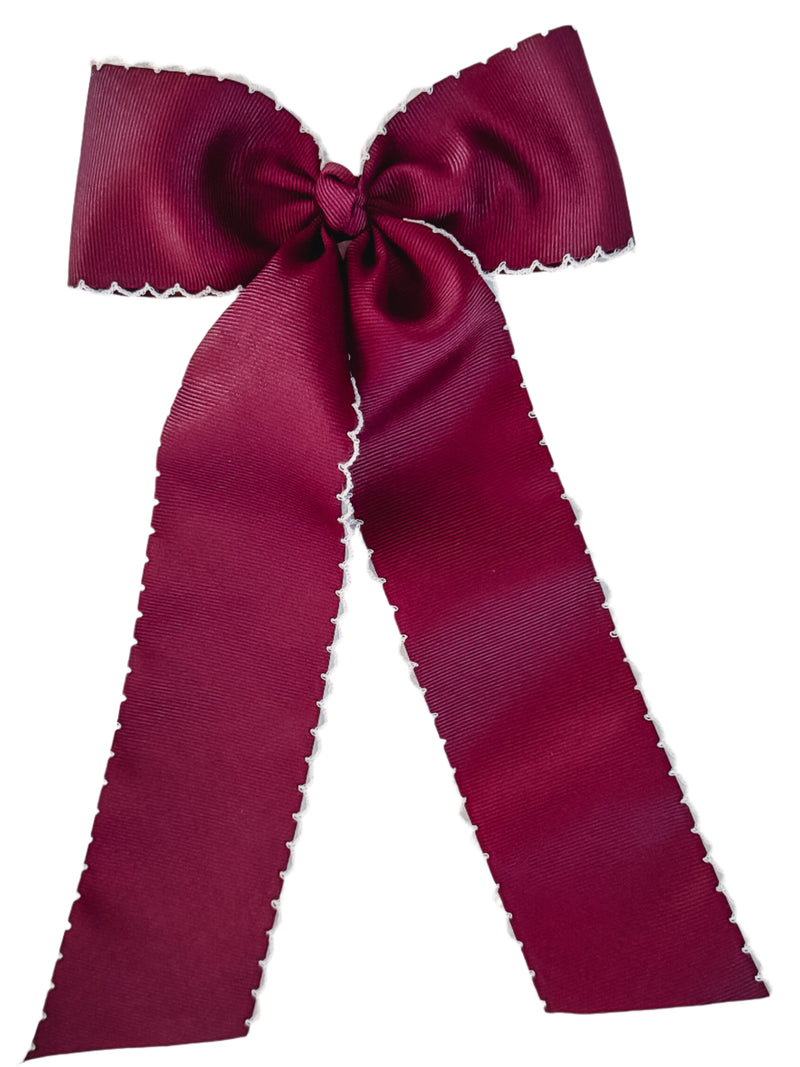 Maroon Schoolgirl Grosgrain Bow with white crocheted edge