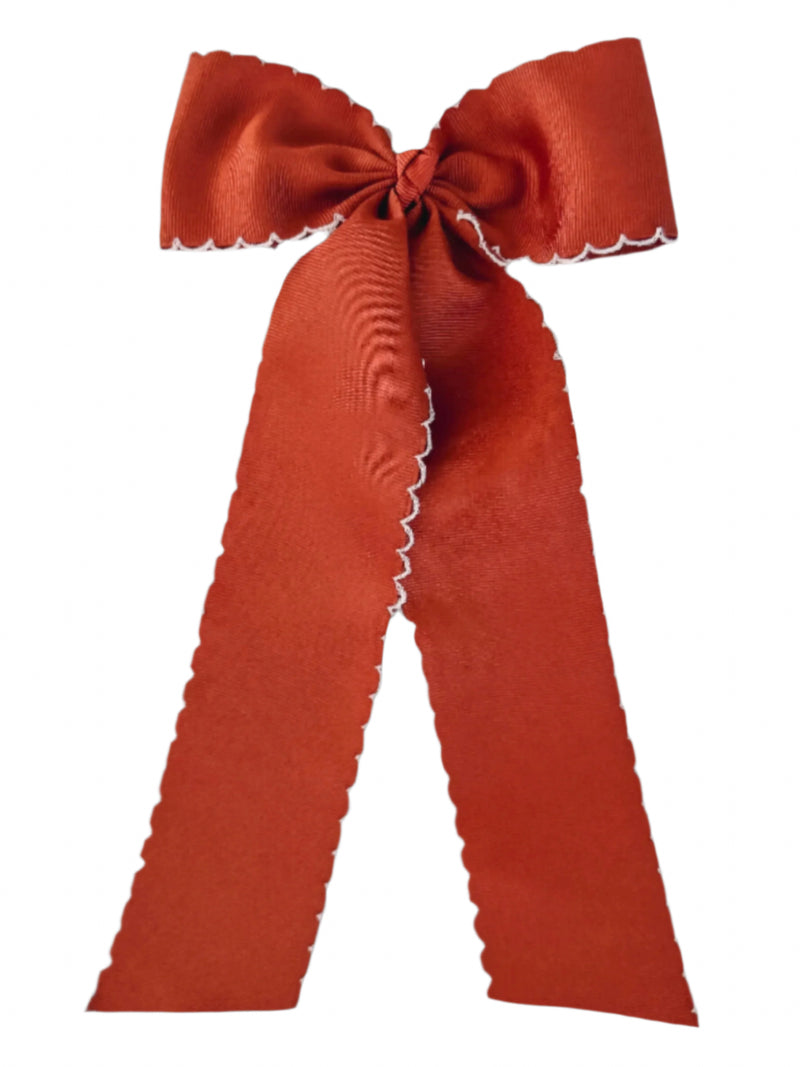 Burnt Orange Schoolgirl Grosgrain Bow with white crocheted edge