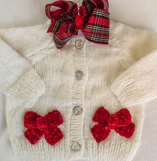 Hand Knit Cardigan with Chenille Bows (12-18 mos)