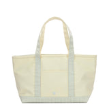 TRVL Medium Tote in Coated Canvas Natural With Gingham Pearl Grey Trim | Shop Bonnie Bee
