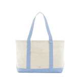 TRVL Medium Tote in Coated Canvas Natural With Gingham Sky Trim | Shop Bonnie Bee