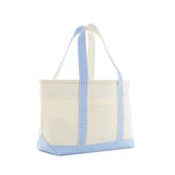 TRVL Medium Tote in Coated Canvas Natural With Gingham Sky Trim | Shop Bonnie Bee