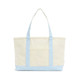 TRVL Medium Tote in Coated Canvas Natural With Gingham Mist Trim | Shop Bonnie Bee